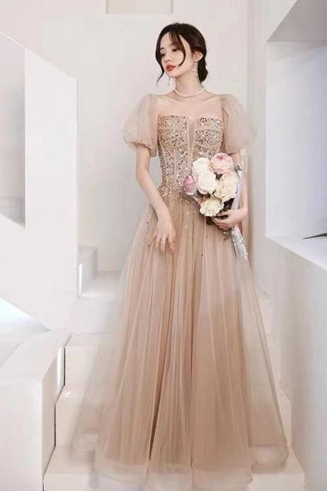 Champagne Party Dress,bubble Sleeve Evening Dress,tulle Long Prom Dress,lace Paillette Formal Dress,custom Made