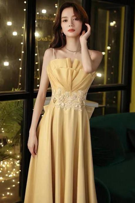 Yellow Party Dress,spaghetti Straps Evening Dress,backless Long Prom Dress,satin Applique Formal Dress,custom Made