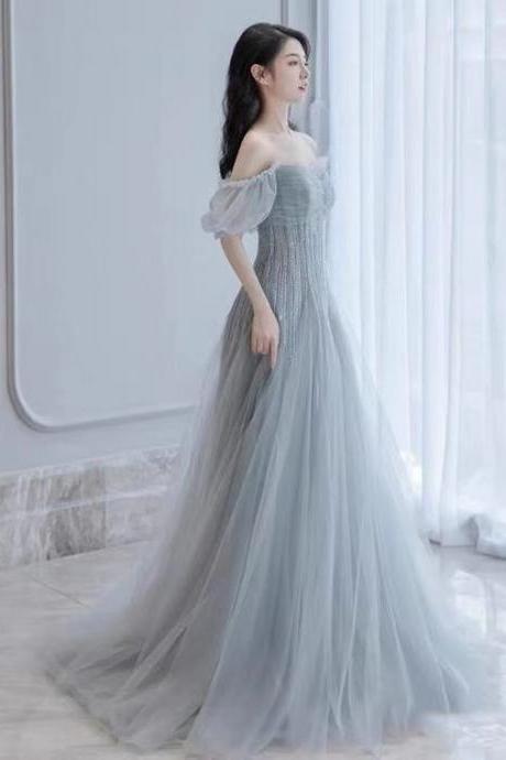 Gray party dress,off shoulder evening dress,backless long prom dress,tulle beads formal dress,custom made