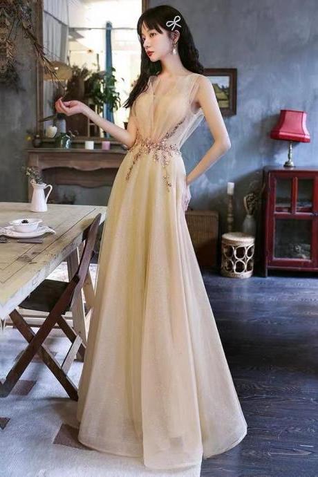 Light Yellow Party Dress,tulle Beads Evening Dress,backless Long Prom Dress,sequin Formal Dress,custom Made