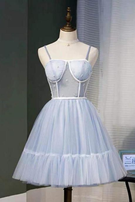 Light Blue Party Dress,spaghetti Straps Evening Dress,tulle Homecoming Dress,lace Sexy Prom Dress ,custom Made