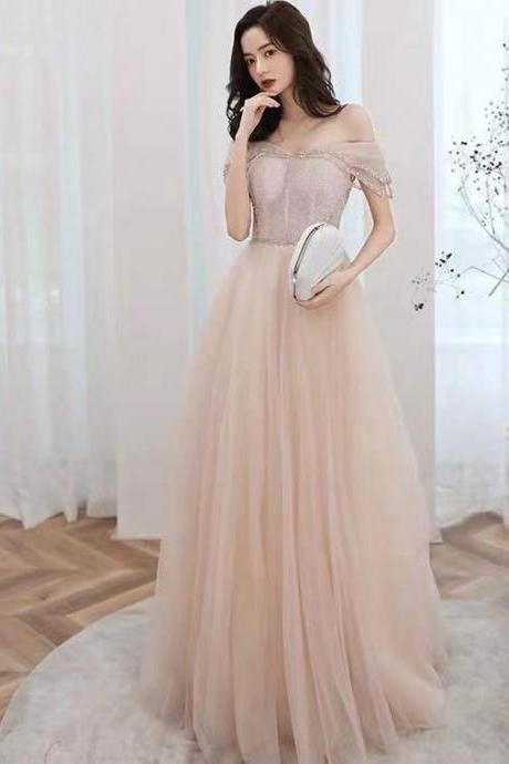Champagne party dress,off shoulder evening dress,tulle long prom dress,lace formal dress.custom made