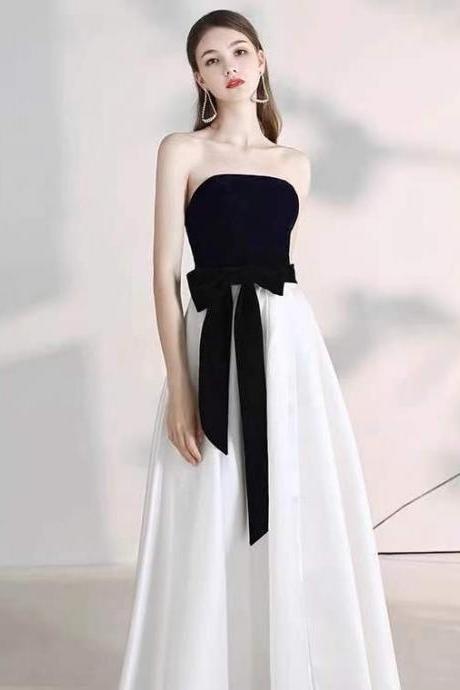 White And Black Party Dress,strapless Evening Dress,satin Long Prom Dress,backless Sexy Formal Dress,custom Made
