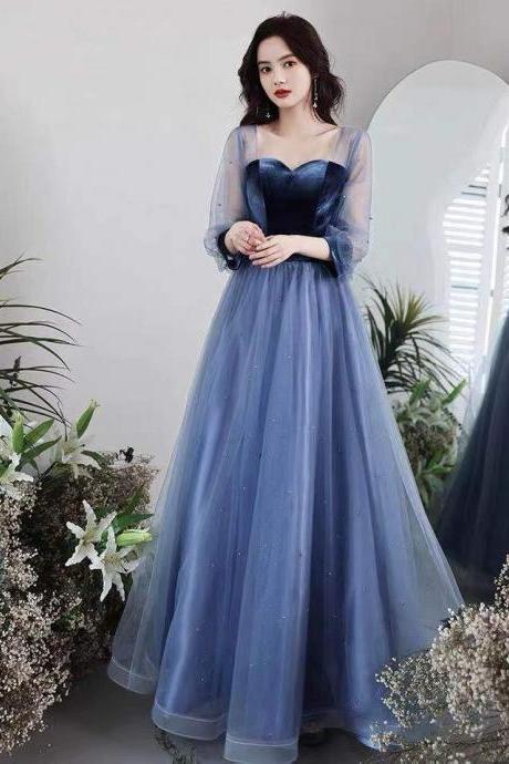 Blue Party Dress,transparent Long Sleeve Evening Dress,tulle Long Prom Dress,velvet Formal Dress,custom Made