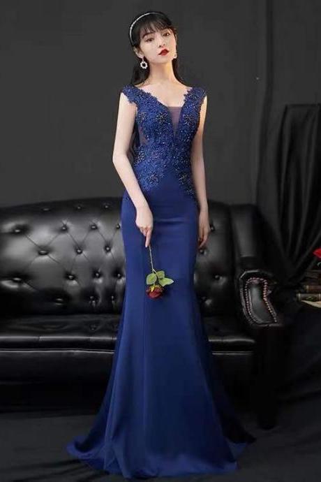 Navy Blue Party Dress,lace Applique Evening Dress,lace Applique Formal Dress,mermaid Long Prom Dress,custom Made