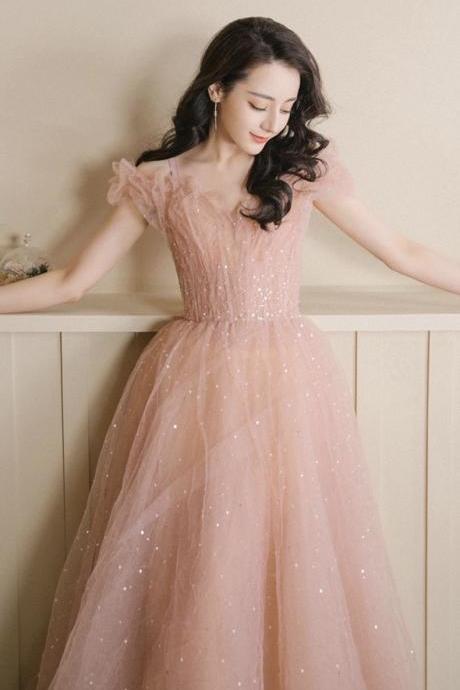 Shiny party dress,fairy midi dress, pink prom dress,custom made