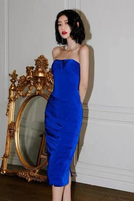 Fashion royal blue dress , new style, temperament, socialite, strapless midi dress,custom made