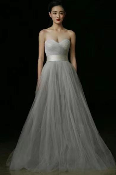 Strapless Prom Dress,gray Tulle Evening Dress,simple Bridesmaid Dress,custom Made
