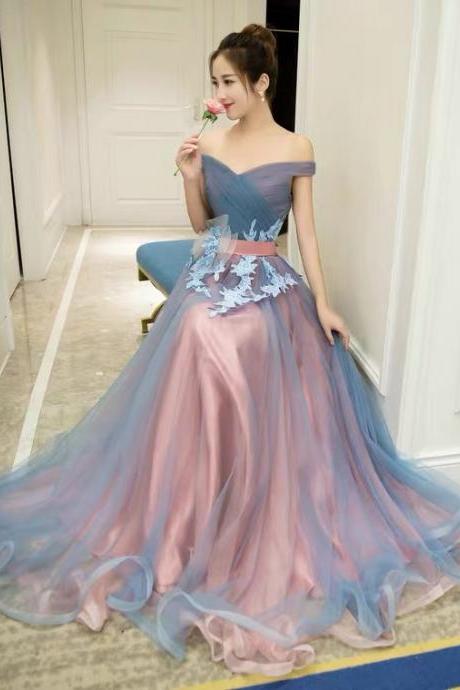 Off shoulder prom dress,blue tulle evening dress,,applique bridesmaid dress,custom made