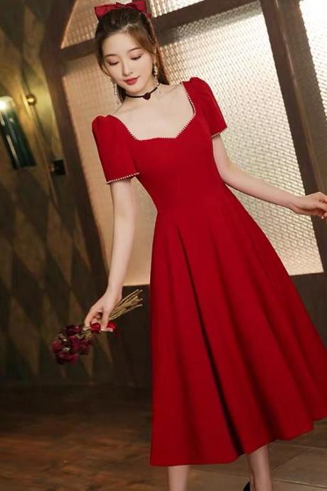Red Midi Dress,short Sleeve Prom Dress,sweet Graduation Dress,custom Made