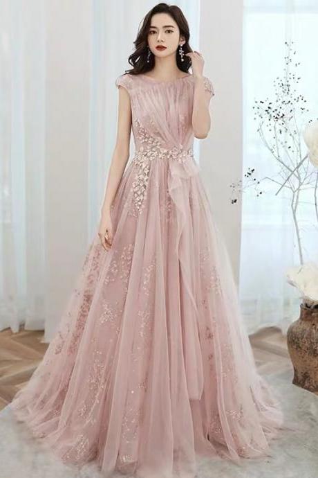 Fairy socialite temperament evening dress, spring and summer new style, pink cap sleeve light luxury dress,custom made