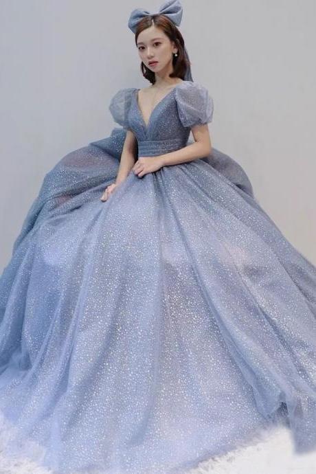 Blue Ball Gown, V-neck, High Quality, Elegant, Princess Birthday Dress,custom Made