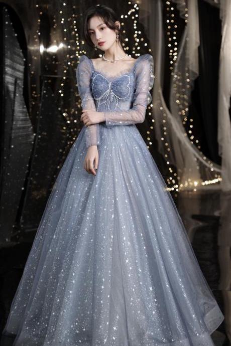 New style, romantic evening dress, blue princess dress, long sleeve party dress,custom made