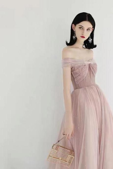 Pink prom dress,light tulle ,summer,off shoulder evening dress,custom made