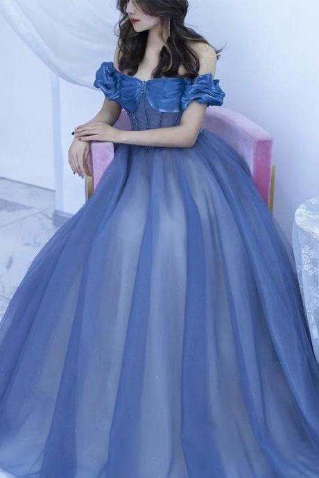 Off Shoulder Bridal Dress, Blue Light Luxury Evening Dress,custom Made