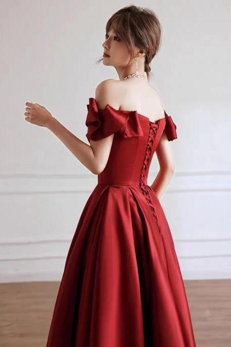 Off shoulder satin prom dress, spring and summer, new style, temperament, high quality texture,red party dress with pocket,custom made