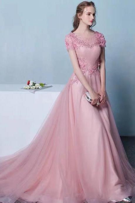 Short Sleeve Prom Dress, Long Pink Party Dress Romantic Bridal Dress,custom Made