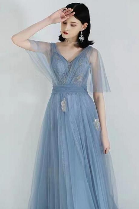 Blue evening dress, atmosphere, socialite elegant dress, V -neck bridesmaid dress,custom made