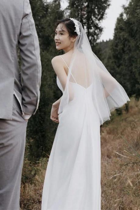 Satin Wedding Dress, Spaghetti Strap Bridal Dress,outdoor Wedding Dress ,custom Made