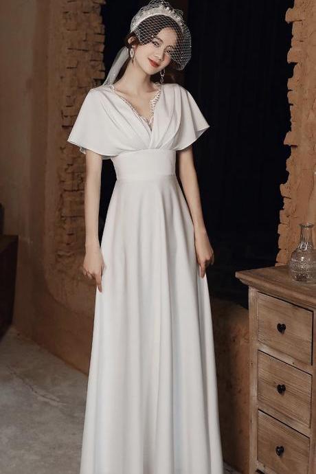 Simple, French White Wedding Dress, V-neck Fairy Bridal Dress ,custom Made