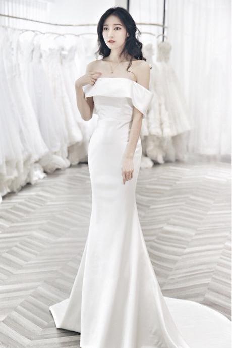 Off Shoulder, Sexy, Backless Satin Light Wedding Dress, Simple Mermaid Bridal Dress ,custom Made