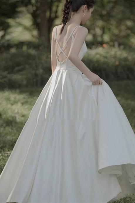 Satin Light Wedding Dress, Backless White Dress, Simple Spaghetti Strap Dress ,custom Made