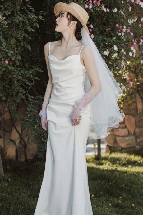 Satin Light Wedding Dress With Trailing, Backless White Dress, Simple Spaghetti Strap Dress ,custom Made,