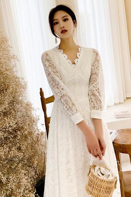 Long Sleeve Bridal Dress,v-neck Lace Wedding Dress,custom Made