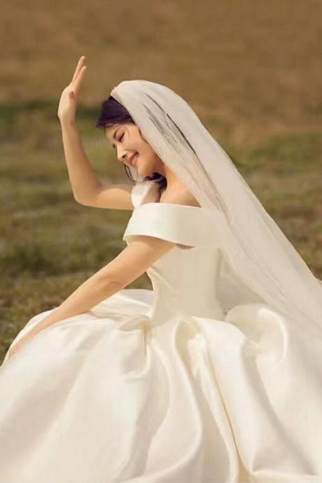 Off Shoulder Bridal Dress,satin Ball Gown Wedding Dress,custom Made