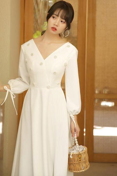 V-neck Bridal Dress,long Sleeve Wedding Dress,v-neck Daily Dress With Pears,custom Made