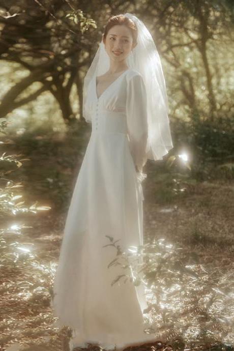 V-neck Bridal Dress,long Sleeve Wedding Dress,custom Made