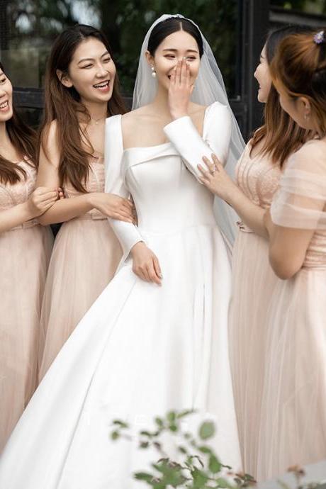Long Sleeve Bridal Dress,satin Wedding Dress,custom Made