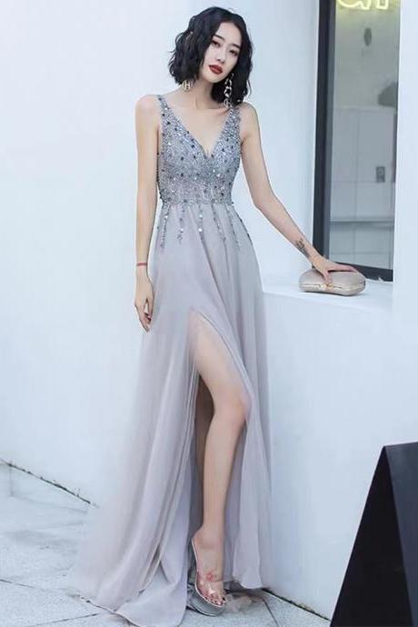 V-neck Prom Dress,gray Evening Dress With Bead,custom Made