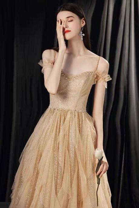 Gold Evening Dress, Elegant Halter Fairy Prom Dress,custom Made
