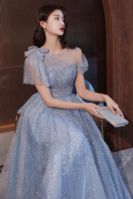 Blue evening dress, new style, temperament, socialite, one shoulder shiny party dress,custom made