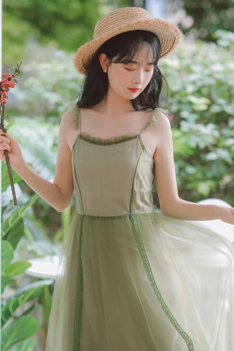 Girl Green Spaghetti Strap Dress, Gentle Mesh Fairy Dress