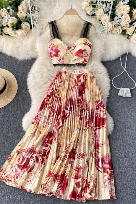 Ethnic style, printed holiday dress,lace crop top and high waist pleated skirt,two piece set
