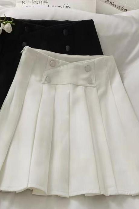 Temperament breasted high waist skirt, simple pure color A line pleated skirt