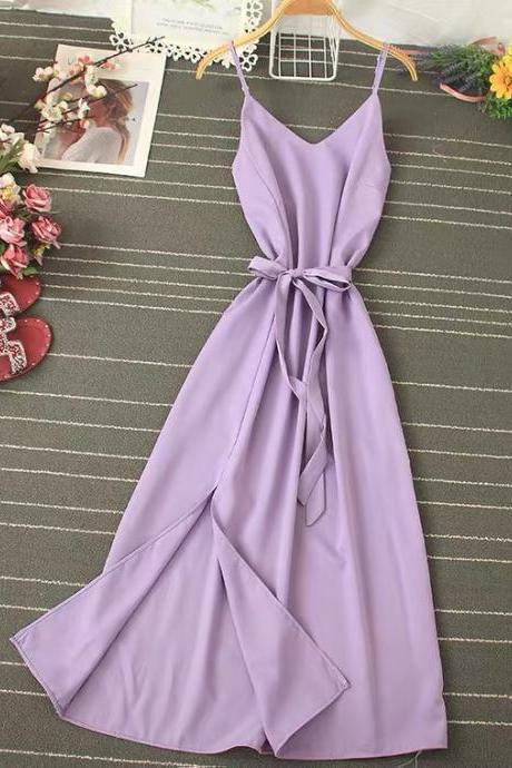Simple, Solid Color, Spaghetti Strap Dress, Slit Dress, Sexy Midi Dress