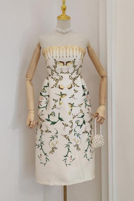 Printed Dress, Strapless Party Dress, Slim Dress With Handmade Bead