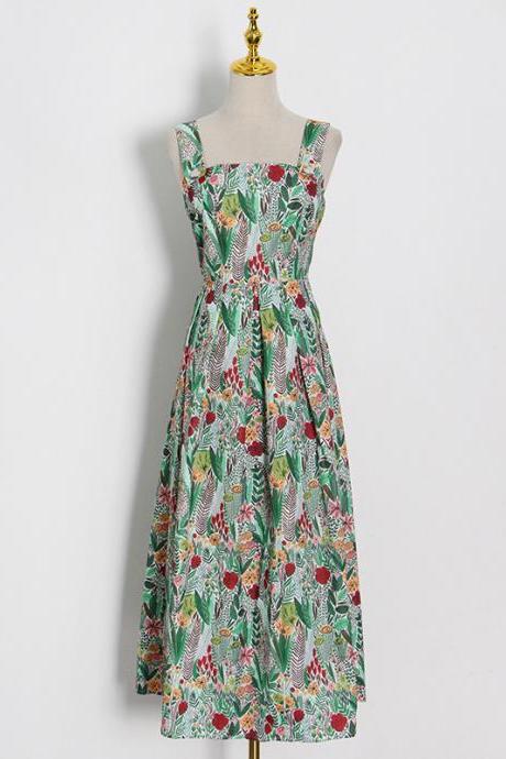 Summer, Sling Square Collar, Plant Printing And Dyeing, High Waist, Temperament,country Style,fresh Dress
