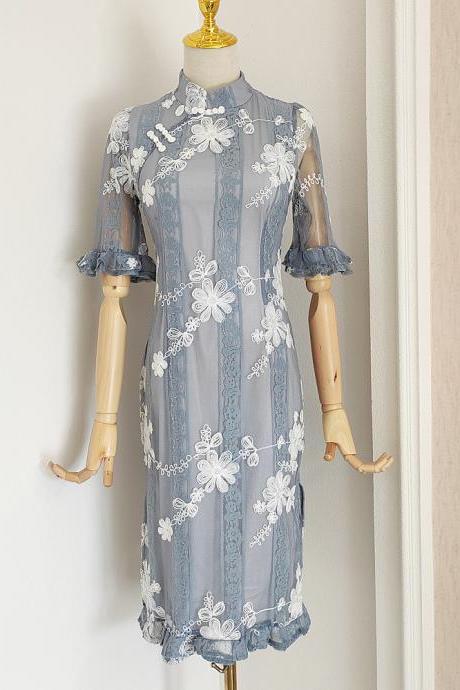 Elegant temperament, lace embroidery, wooden ear edge coil button, improved young style cheongsam, bodycon dress