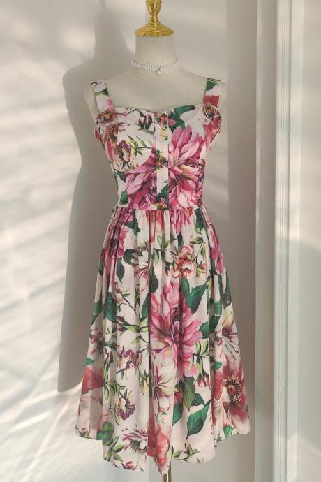 Elegant, big flower printing, temperament, spaghetti strap dress, waist big A-line dress