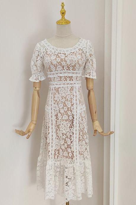 Temperament, Embroidered, Bubble Sleeves Lace Dress, Waist - Tucked Flounces Dress