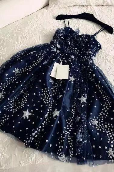 Glitter Stars Sequins Beaded Short Navy Blue Party Dresses,sweet 16,spaghetti Strap Party Dress,custom Made