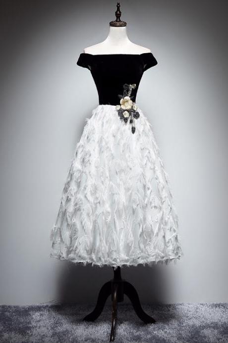 Little Black And White Evening Dress , Off Shoulder Homcoming Dress, Dream Graduation Dress,custom Made