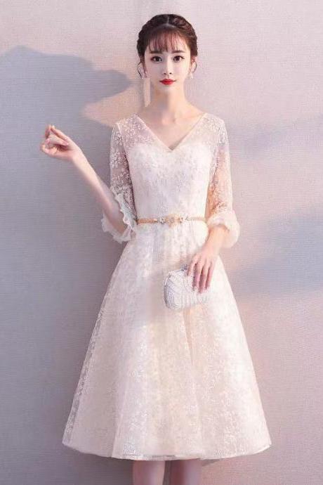 Mid-sleeve Evening Dress, Midi Champagne Bridesmaid Dress,lace Homecoming Dress,custom Made