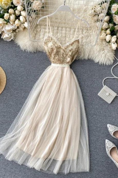 Chic, Fairy Gentle Wind Dress,, Sweet Ear Edge, Sequins Nail Bead Tulle Dress, Romantic Dress Like Wedding Tulle