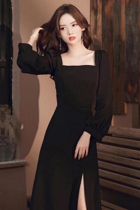 Long Sleeve Evening Dress, Black Prom Dress, Modern Slit Evening Dress ,custom Made