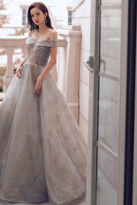 Embroidered Ball Gown,off -shoulder Dreamy Dress,gray Evening Gown ,custom Made